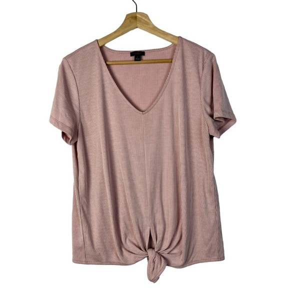 Ann Taylor Red Seersucker Stripe Tie Front Short Sleeve L - Picture 1 of 4